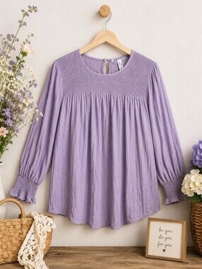 AdditionElle Plus Size 4x; Lavender Smocked Yoke Long-Sleeve Blouse - Women